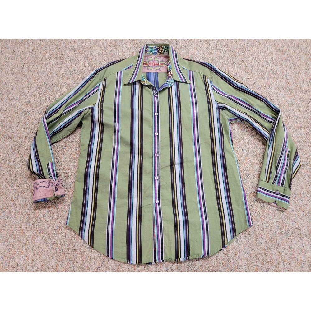 Robert Graham Shirt Mens Large Green Striped Button Up Long Sleeve Flip Cuff